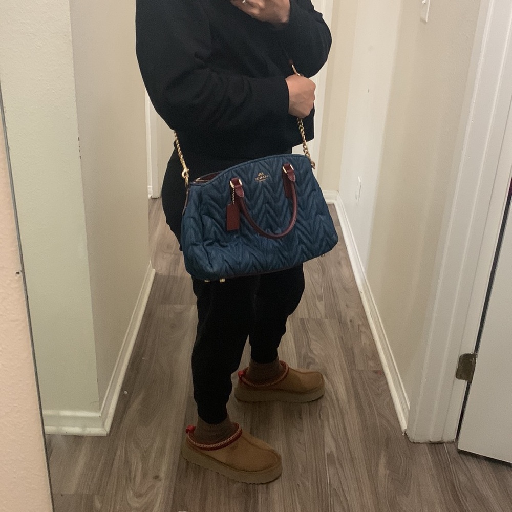 Coach Quilted Navy Denim Satchel with Burgundy Leather Trim - Picture 5 of 15